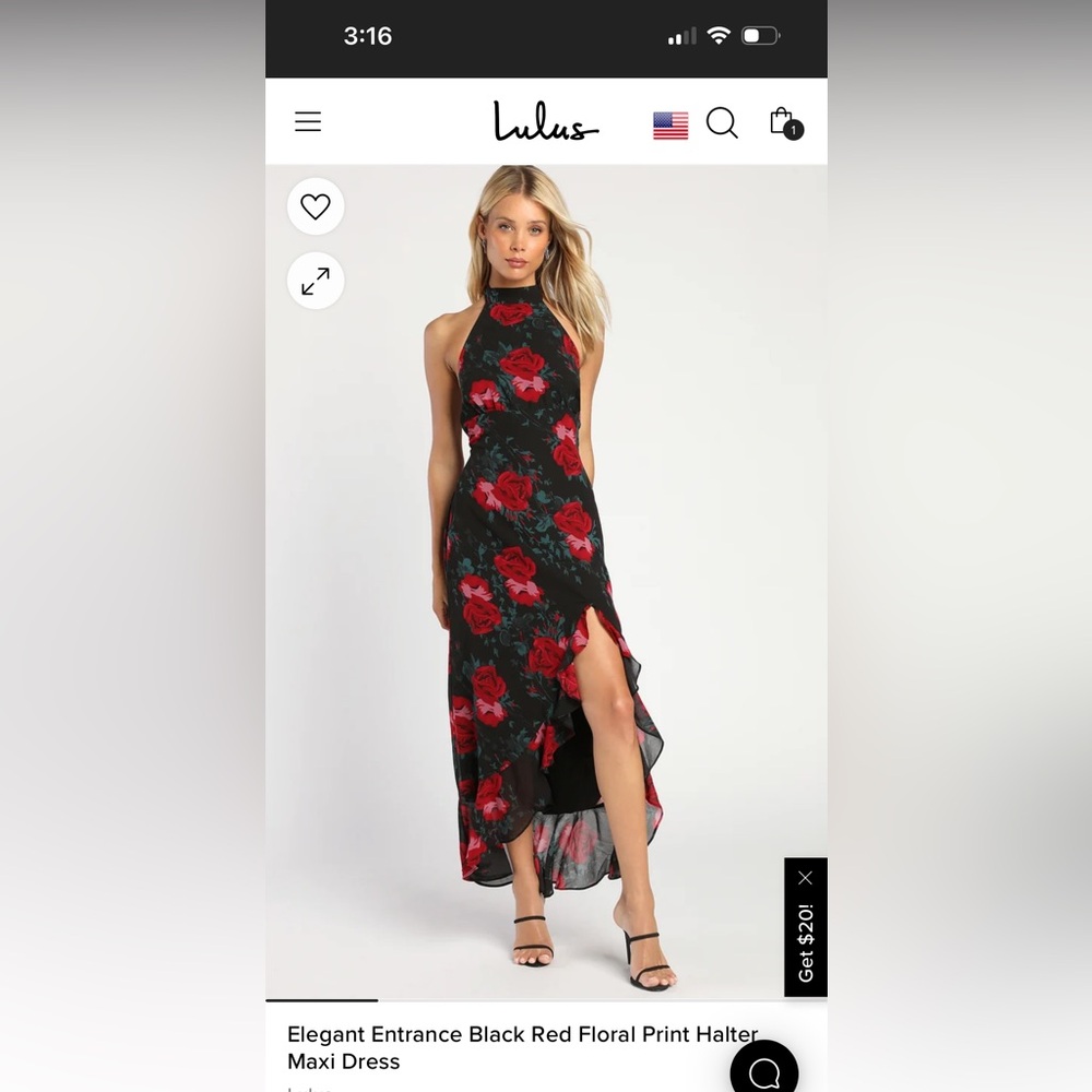NWT XS Lulus Elegant Entrance Black Red Floral Print Halter Maxi Dress